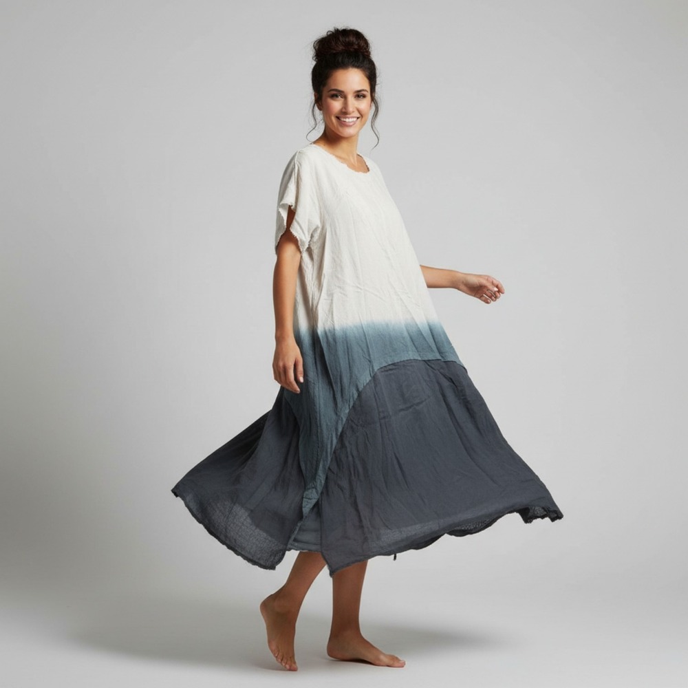 A Rare Bird Faded Colors Dress Navy Ombre Linen Blend S/M Handmade Boho
